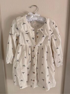Girls' 4t White Bow-Print Cotton Long Sleeve Dress with Buttons and Pockets